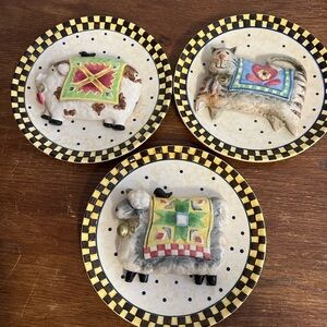 Vintage Ganz Animal Wall Plates – Cow, Cat & Sheep – Quilt Farmhouse (Set of 3)